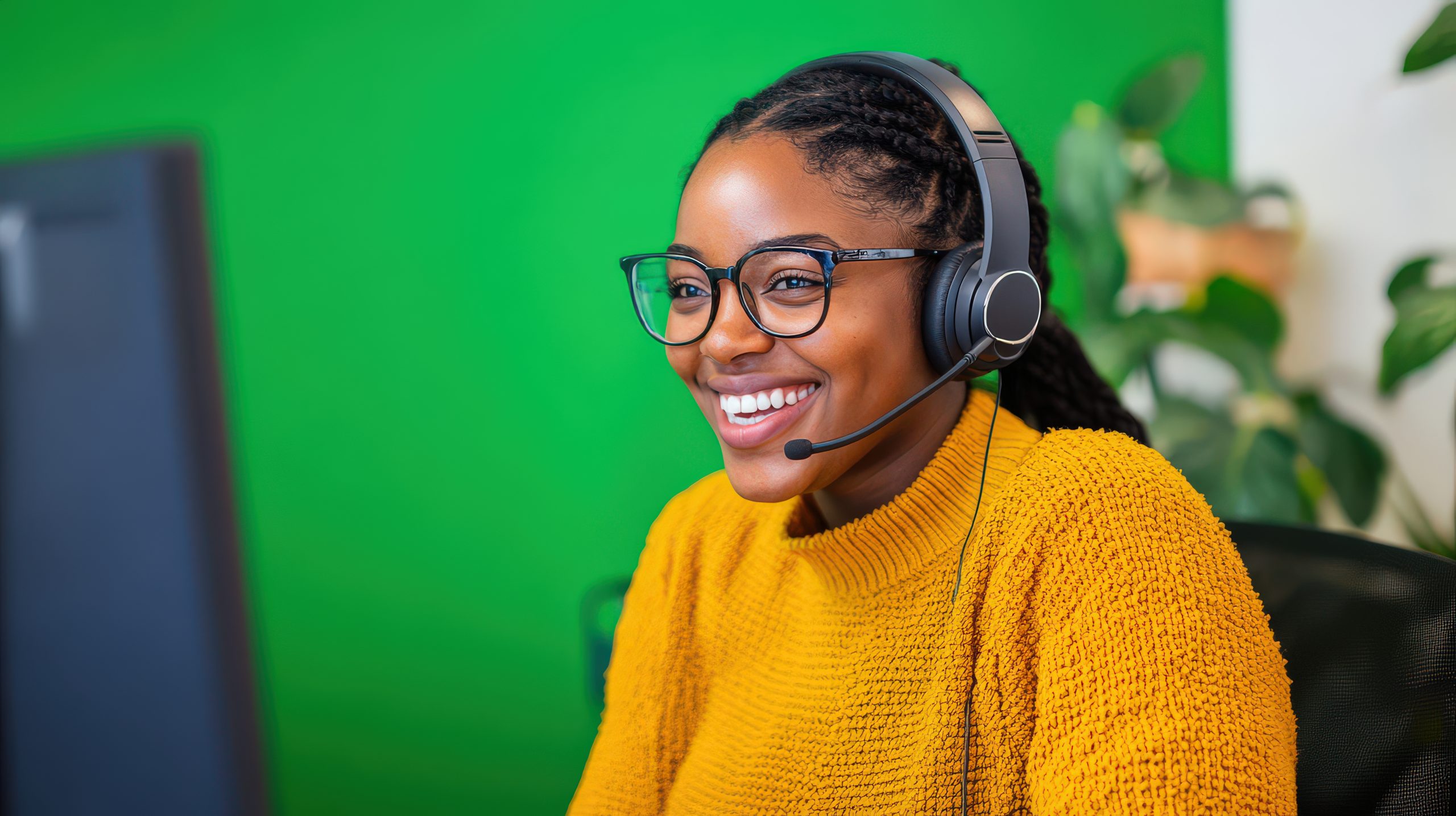 Smiling undergraduate student wearing a headset while learning online