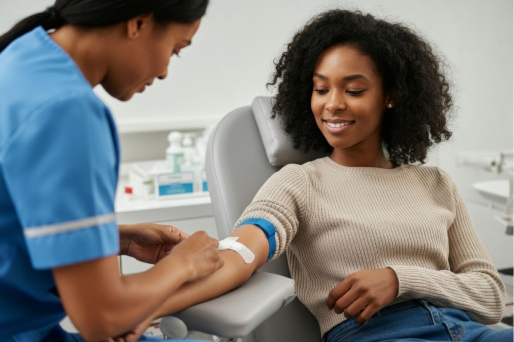Phlebotomy technician drawing blood from a patient in a clinic.