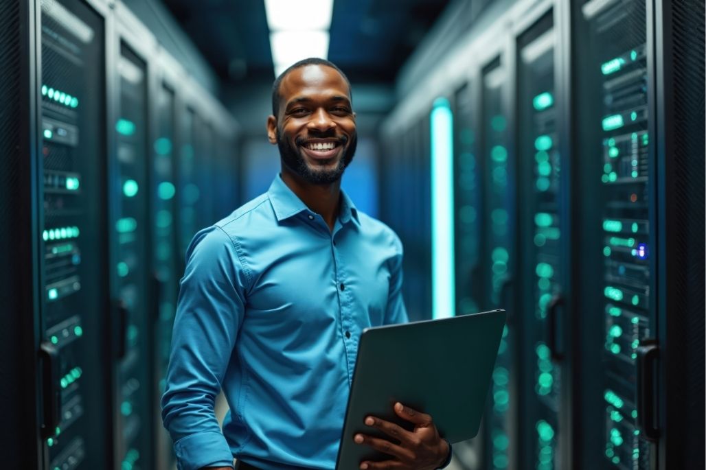 Network technician using a laptop in a server room.