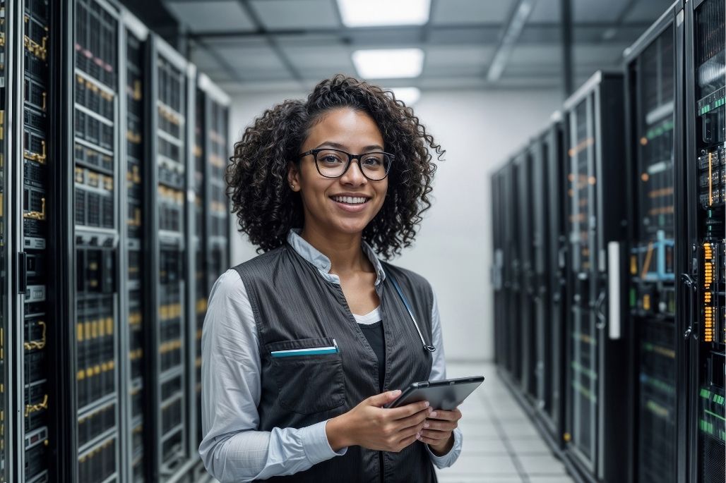 Cloud specialist using a laptop in a server room.