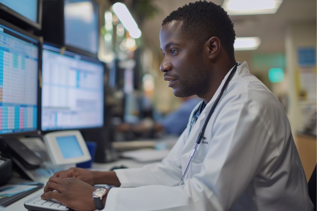 Medical office administrator reviewing patient files at a desk in a clinic.