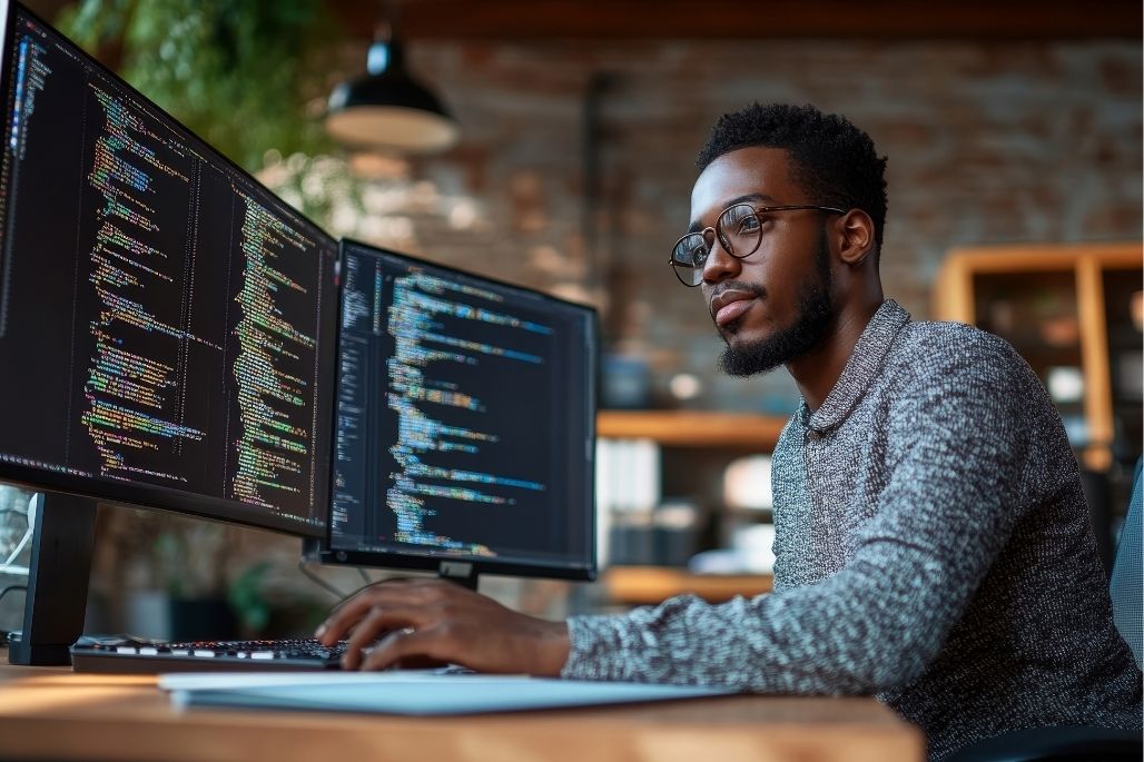 Network technician using a laptop in a server room.