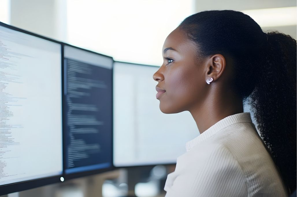Student analyzing spreadsheets and documents on a computer in an office.