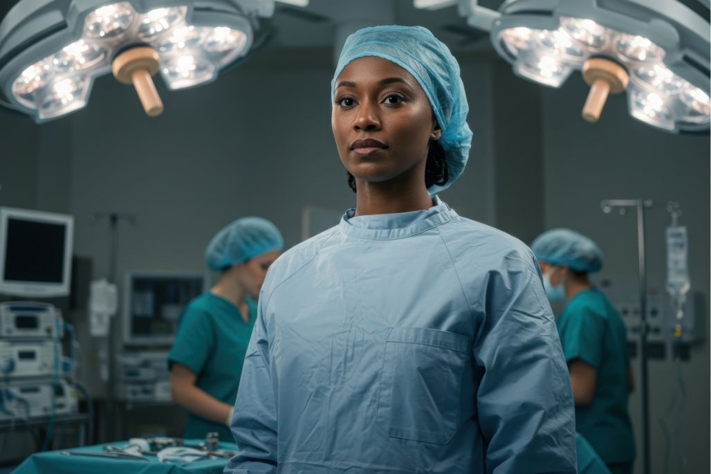 Sterile processing technician inspecting surgical instruments in a decontamination area.